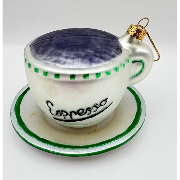 Vintage Espresso Cup Glass Christmas Tree Ornament with Saucer White Green Trim - Picture 9 of 9